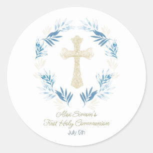 Elegant Blue Gold First Holy Communion Runder Aufkleber