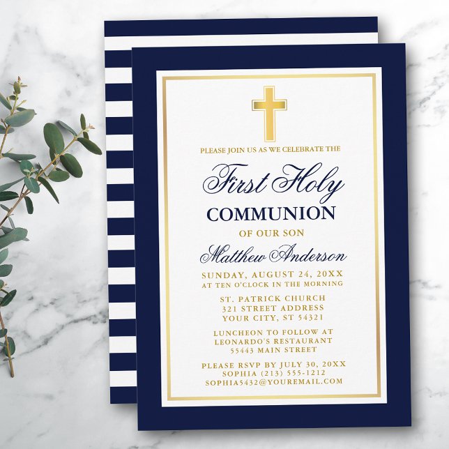 Elegant Blue Gold First Holy Communion Striping Einladung (Customize to change text size, color or text style.)
