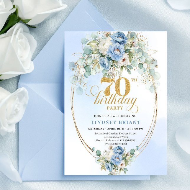 Elegant Blue Gold Floral 70th Birthday Invitation  Einladung (Elegant Blue Gold Floral 70th Birthday Invitation Set

)