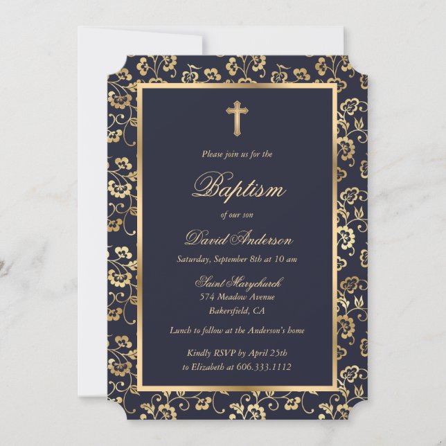 Elegant Blue Gold Floral Boy Taufe Einladung (Vorderseite)