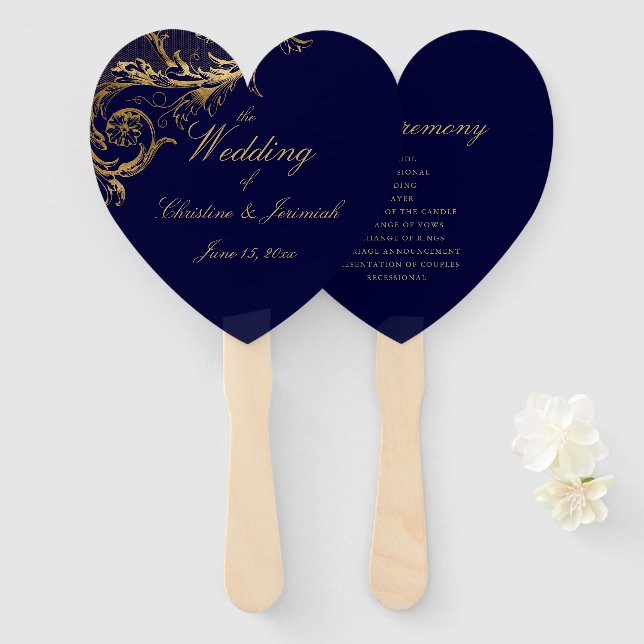 Elegant Blue Gold Floral Damask Script Hochzeit Fächer (Vorne und Hinten)