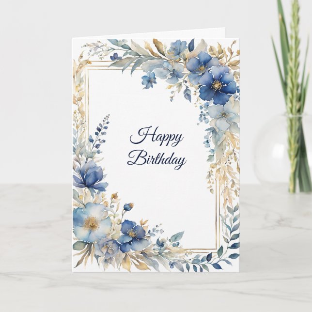 Elegant Blue Gold Floral Geburtstag Karte (Vorderseite)