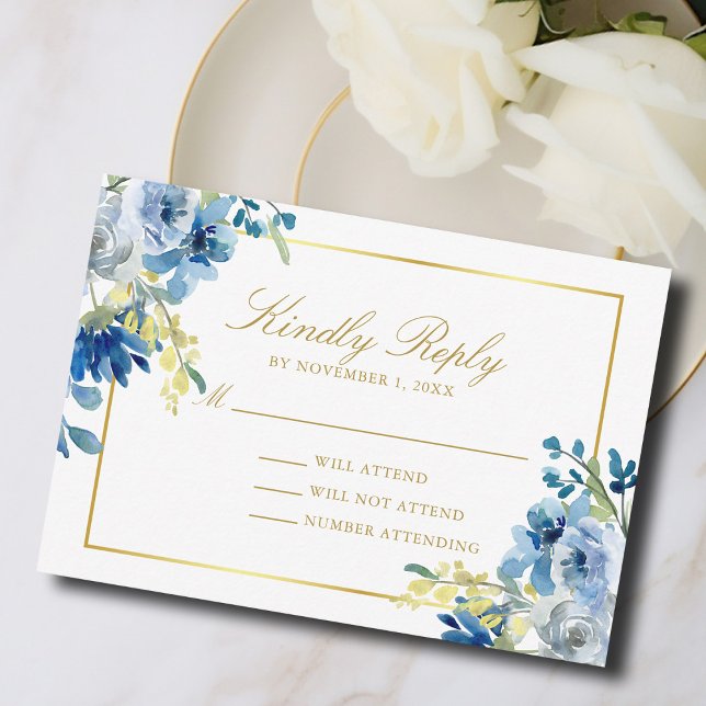 Elegant Blue Gold Floral Kindly Antwort Hochzeit (Von Creator hochgeladen)