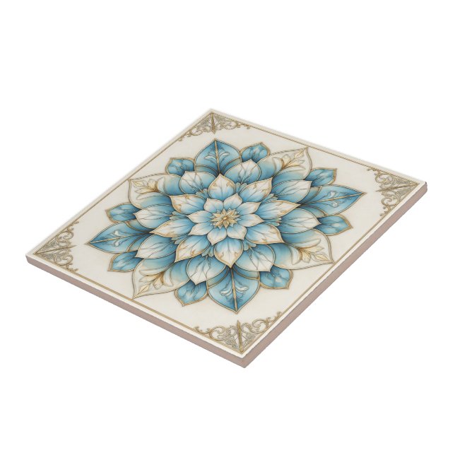 Elegant Blue Gold Floral Mandala Ceramic Tile Fliese (Seite)