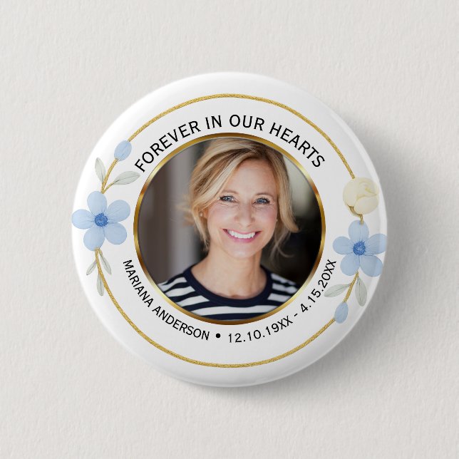 Elegant Blue & Gold Floral Memorial Photo Button (Vorderseite)