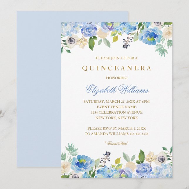 Elegant Blue Gold Floral Quinceanera Einladung (Vorne/Hinten)