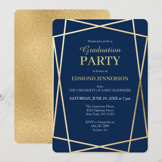Elegant Blue Gold Geometric 2025 Graduation Party Einladung (Vorne/Hinten)