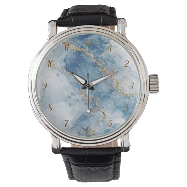 Elegant Blue Gold Glitter Abstract Flow            Armbanduhr (Vorderseite)