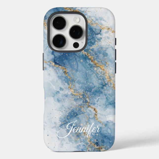 Elegant Blue Gold Glitter Abstract Flow            iPhone 16 Pro Hülle (Rückseite)