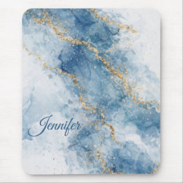 Elegant Blue Gold Glitter Abstract Flow Mousepad