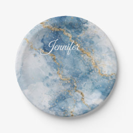 Elegant Blue Gold Glitter Abstract Flow Pappteller