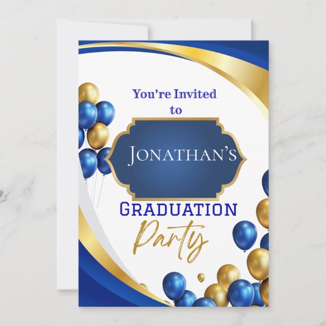 Elégant Blue & Gold Graduation Party Invitation (Devant)
