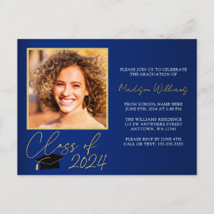 Elégant Blue Gold Graduation Party Invitation