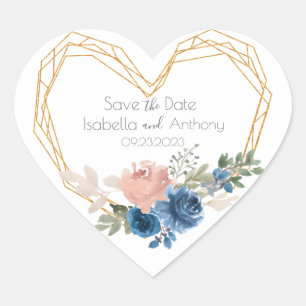 Elegant Blue Gold Heart Floral Name Datum Hochzeit Herz-Aufkleber