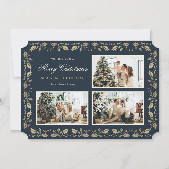 Elegant Blue Gold Holly Family 3 Foto Weihnachten (Vorderseite)