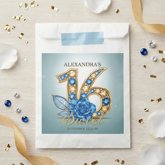 Elegant Blue Gold Jewel Crystal Rose Sweet 16 Geschenktütchen (Von Creator hochgeladen)