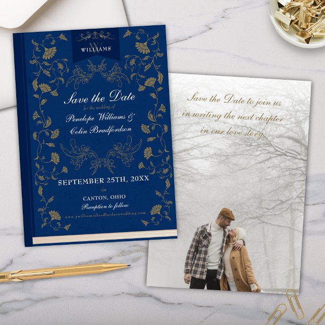 Elegant Blue Gold Library Wedding Save the Date Einladung (Elegant Blue and Gold Library Book Cover Floral Victorian Theme Wedding Save the Date Invitations)