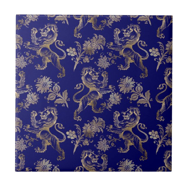 Elegant Blue Gold Lion Floral  Fliese (Vorderseite)
