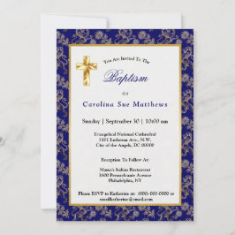 Elegant Blue Gold Lion Floral Taufe Einladung