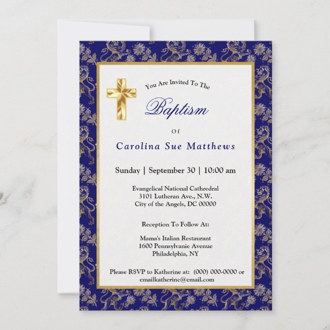 Elegant Blue Gold Lion Floral Taufe Einladung (Vorderseite)