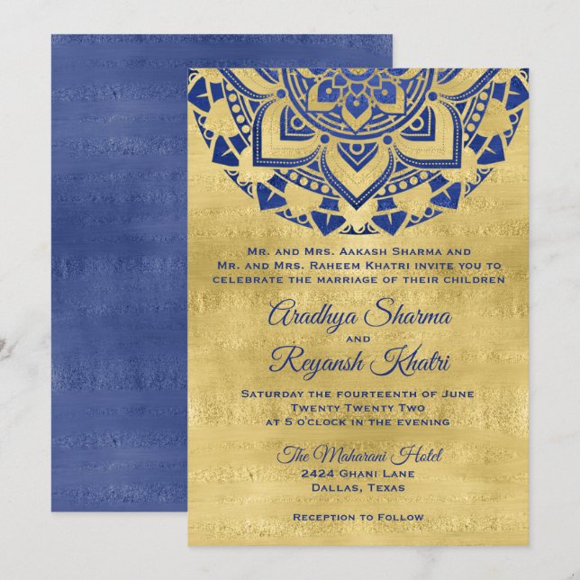 Elegant Blue Gold Mandala Indian Wedding Einladung (Vorne/Hinten)