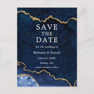 Elegant Blue Gold Marble Geode Save the Date Ankündigungspostkarte