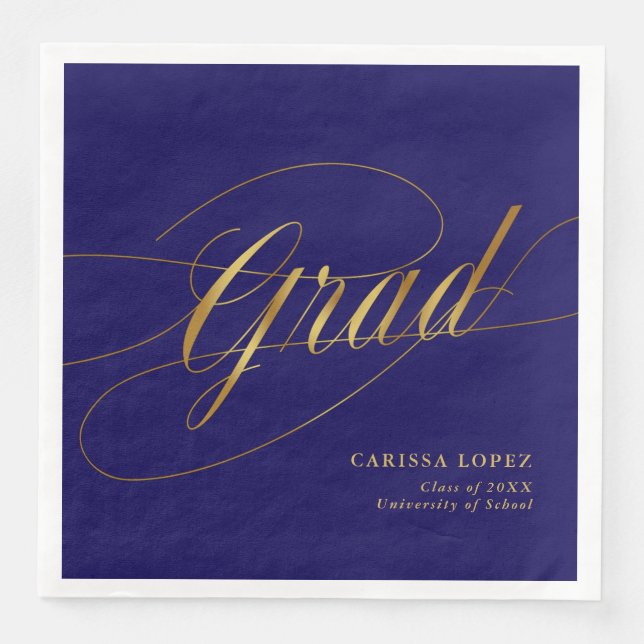 Elegant Blue & Gold Minimalistisch Grad Calligraph Serviette (Vorderseite)