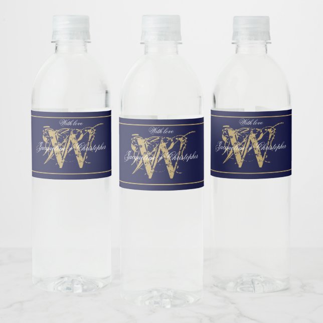 Elegant Blue Gold Monogram Names Chic Wedding (Flaschen)