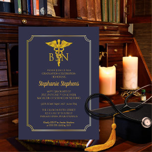 Elegant Blue   Gold Nurse BSN Graduation Party IV Magneteinladung