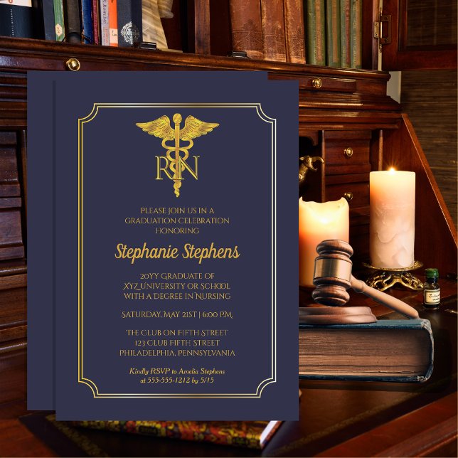 Elegant Blue | Gold Nurse RN Graduation Party Einladung (Elegant Blue and Gold Tone Nurse "RN" Graduation Party Invitation for Print and/or Download)