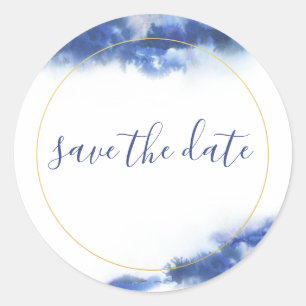 Elegant Blue & Gold Ombre Marble Save the Date Runder Aufkleber