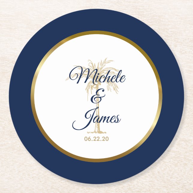 Elegant Blue Gold Palm Tree Tropische Hochzeit Runder Pappuntersetzer (Vorderseite)