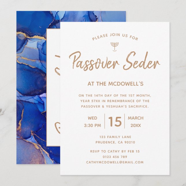 Elegant Blue Gold Passover Seder Einladung (Vorne/Hinten)