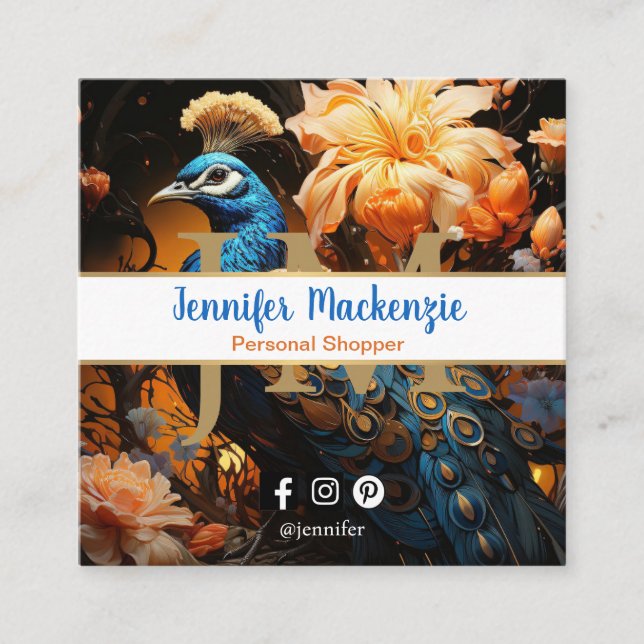 Elegant Blue Gold Peacock Quadratische Visitenkarte (Vorderseite)