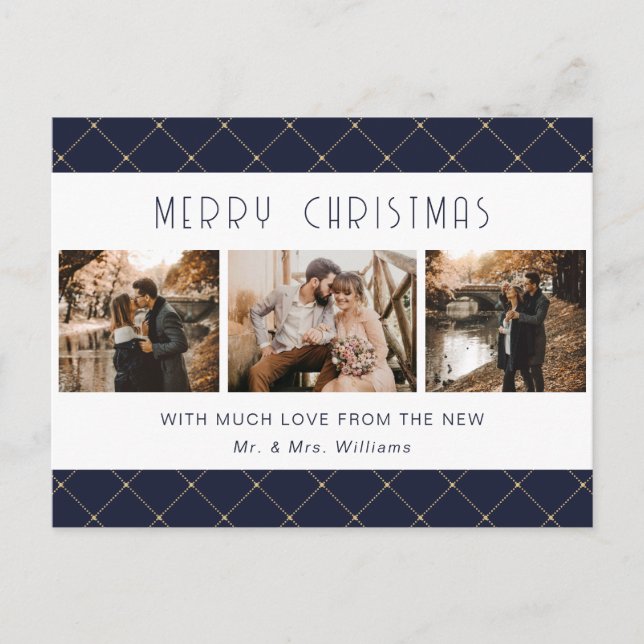 Elegant Blue Gold Photo Newlywed Feiertagspostkarte (Vorderseite)
