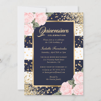 Elegant Blue Gold Pink Floral Quinceñera Einladung