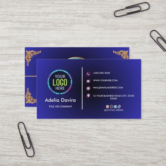 Elegant Blue Gold Professional Business Card Visitenkarte (Vorderseite/Rückseite Beispiel)