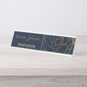 Elegant Blue Gold Rose Bloral Schreibtischnamensplakette