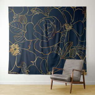 Elegant Blue Gold Rose Bloral Wandteppich