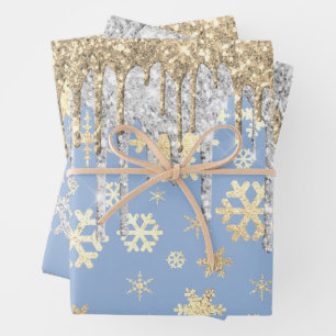 Elegant Blue Gold Silver Weihnachten Schneeflocken Geschenkpapier Set