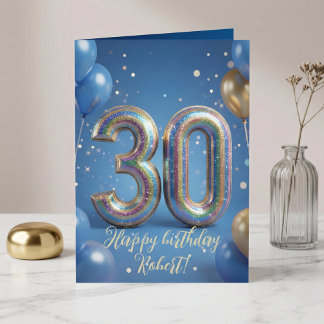 Elegant Blue Gold Sparkly Balloons 30th Birthday Karte