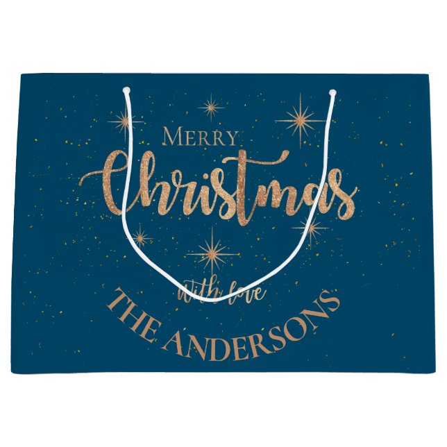 Elegant Blue Gold Stars Name Frohe Weihnachten Große Geschenktüte (Vorderseite)