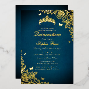 Elegant Blue Gold Tiara Rose Quinceanera Folieneinladung