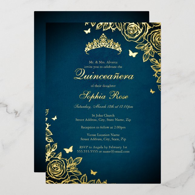 Elegant Blue Gold Tiara Rose Quinceanera Folieneinladung (Vorderseite/Rückseite)