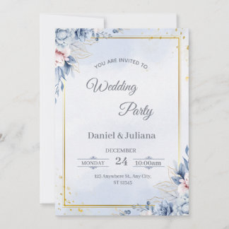 Elegant Blue & Gold Wedding Invitation