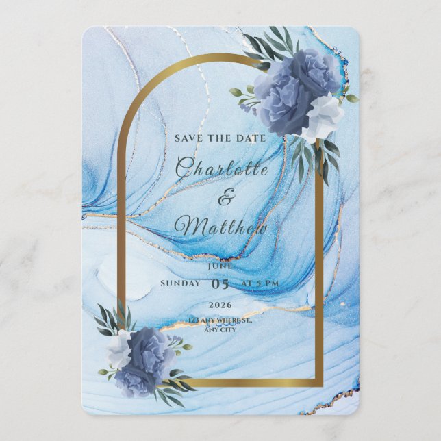 Elegant Blue & Gold Wedding Save the Date  (Vorderseite)