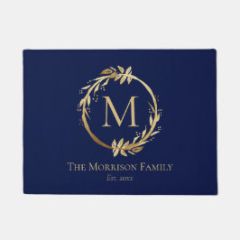 Elegant Blue Gold Wreath Family Name Monogram Fußmatte