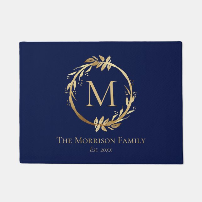 Elegant Blue Gold Wreath Family Name Monogram Fußmatte (Vorderseite)