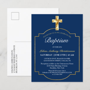 Elegant Blue Golden Cross Boys Taufe Einladung
