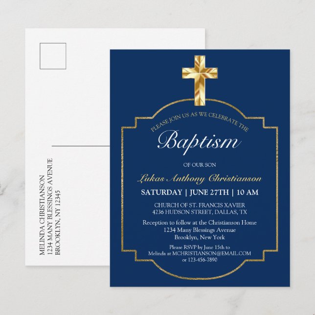Elegant Blue Golden Cross Boys Taufe Einladung (Vorne/Hinten)